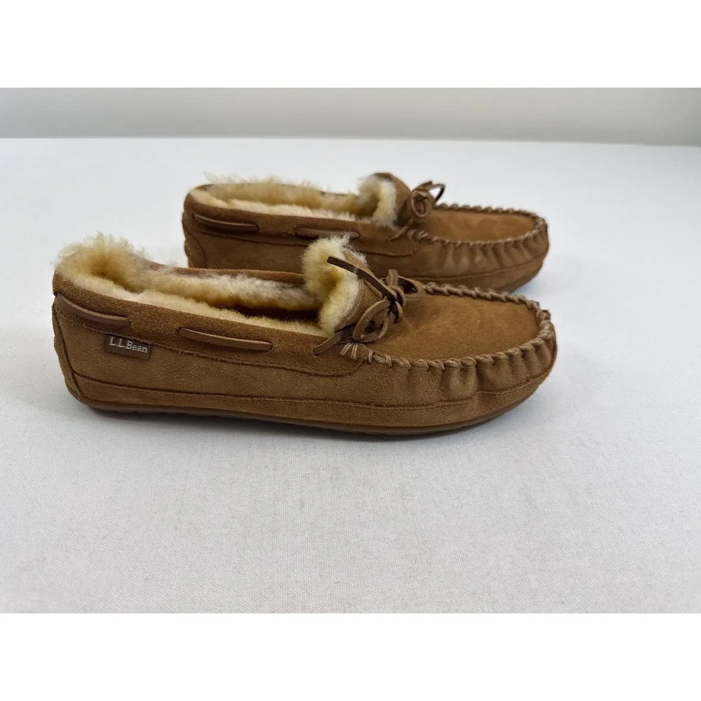 LL Bean Wicked Good Moc Suede Moccasin Slippers Mens 9 Brown Shearling Lining